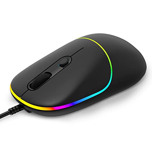 FENISIO Wired Mouse,USB Computer Mouse Backlit Ultra Silent Wired Mouse with 6400 DPI,Ergonomic LED Corded Mouse for PC,Laptop,Desktop,MacBook,Windows (Black)