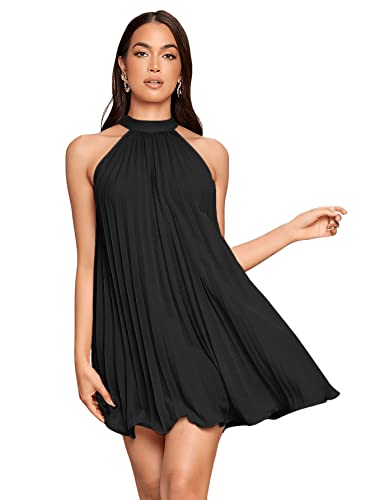 SweatyRocks Women's Sleeveless Tie Back Halter Dress Mini Swing Pleated A-line Skater Dress Solid Black M