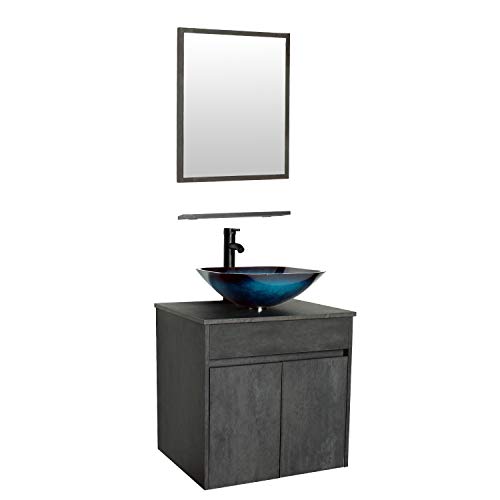 eclife 24' Bathroom Vanity Sink Combo Wall Mounted Concrete Grey Cabinet Vanity Set Ocean Blue Square Tempered Glass Vessel Sink Top, W/ORB Faucet, Pop Up Drain & Mirror (A04E03CC)