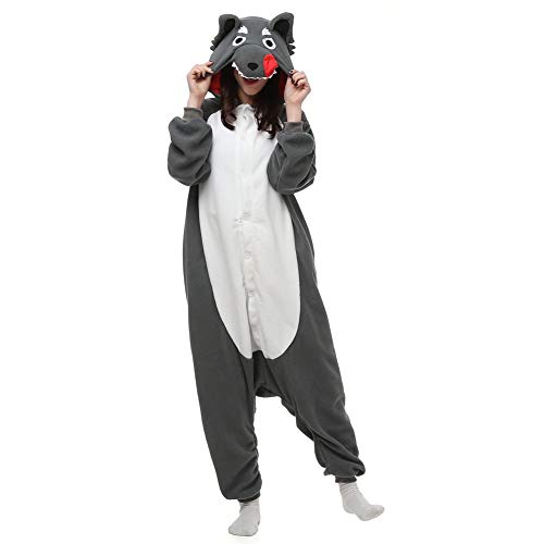 RULTA Unisex Adult Grey Wolf Onesie Pajamas Animal Cartoon Cosplay Sleepwear Jumpsuit Women Men Christmas Halloween Costume Homewear (X-Large, Grey)