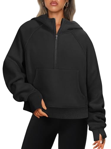 ATHMILE Oversized Sweatshirts For Women Cropped Hoodies Half Zip Fleece Pullover Winter Clothes Quarter Zip Up 2023 Outfits Sweater Black