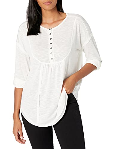 Nine West Women's Brinne Roll Tab Sleeve Henley Top, White, Medium