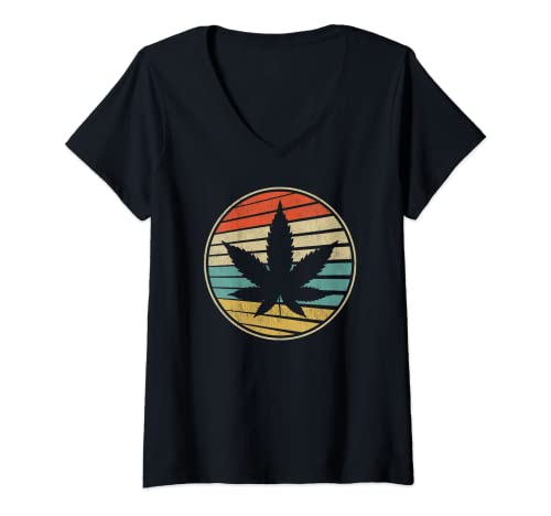Womens Cannabis Marijuana Leaf Retro Vintage Ganja 420 Weed Smoking V-Neck T-Shirt