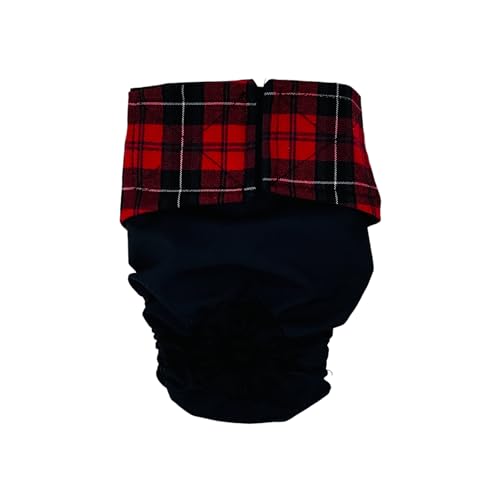 Barkertime Holiday Red Plaid on Black Premium Waterproof Cat Diaper, L, with Tail Hole Stud Pants for Piddling, Spraying, Incontinent Cats - Made in USA