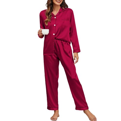 Quzzion Red Silk Pajamas for Women Button Down Long Sleeve Satin Pajamas Set 2 Piece Pjs Sleepwear Silky Soft Loungewear (S-XXL)