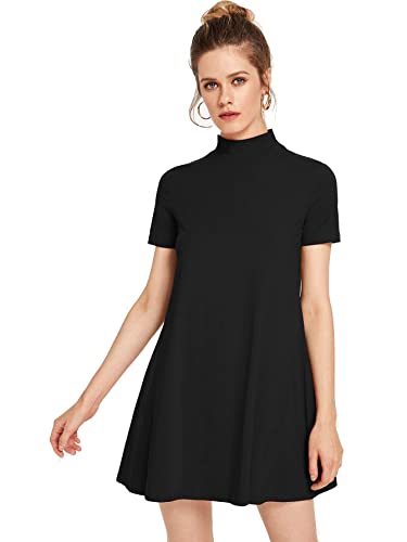 Milumia Women's Casual Mock Neck T Shirt Dress Plain Short Sleeve Loose Swing Dress Black Plain Large