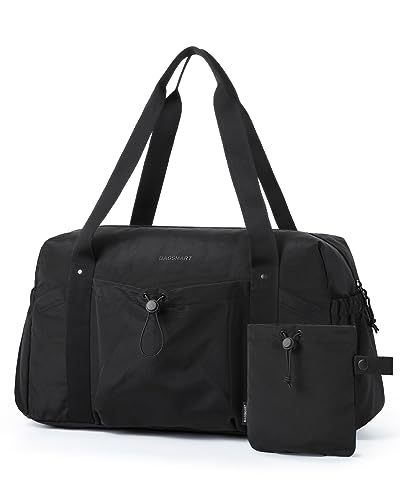 BAGSMART Foldable Travel Duffle Bag For Women, Gym Tote Bag for Sports, 26L Airport Carry On Weekender Overnight Bag for Travel, Travel Accessories(Black)