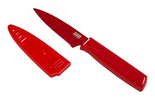 KUHN RIKON COLORI Non-Stick Serrated Paring Knife with Safety Sheath, 4 inch/10.16 cm Blade, Red