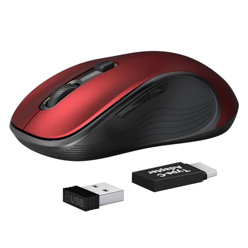 Deeliva Wireless Mouse, Computer Mouse Wireless 2.4G USB Cordless Mouse with 3 Adjustable DPI, 6 Buttons, Ergonomic Silent Mice with Type-C Adapter for Laptop PC Computer Chromebook (Red)