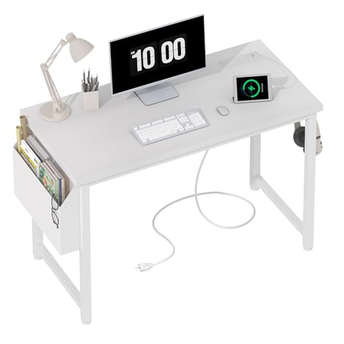 Lufeiya 39 inch White Computer Desk with Power Outlet, 40 inch Teen Study Table Home Office Work Writing Desks with Charging Station Outlets Built in, White