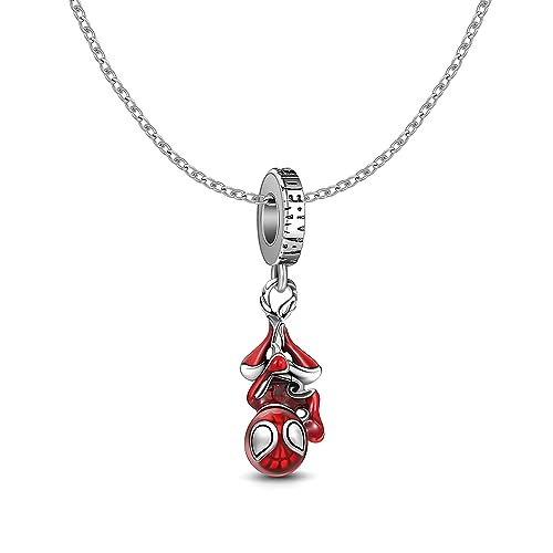 UNE DOUCE Spiderman Necklace Set, Red Spidey Charm Necklace with Silver Plating, Non-Tarnished Cable Chain with Sliding Clasp for Adjustable Sizes. Gift for Men, Boys, Women & Girls