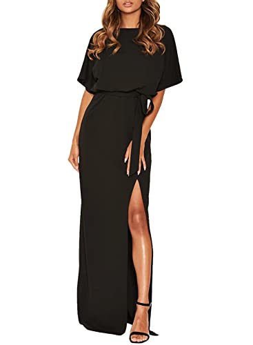 Happy Sailed Womens Batwing Sleeve Tie Waist Long Maxi Dress Side Split Formal Party Dresses Evening Gown Black Large