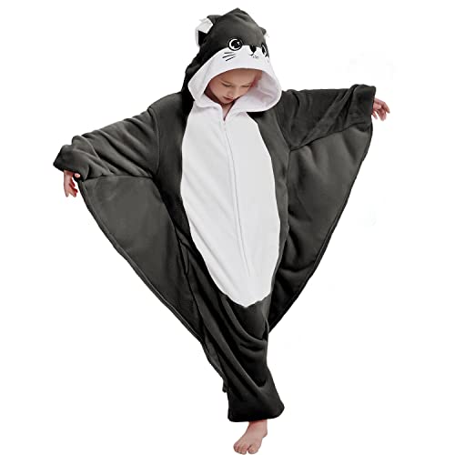 ABASACO Flying Squirrel Onesie Kids Plush Animal Costume One Piece Pajamas Girls Teen Halloween Cosplay Sleepwear Gray 8-9 Years