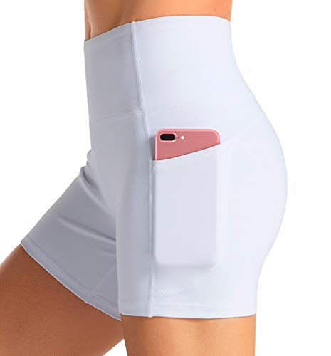 Dragon Fit High Waist Yoga Shorts for Women with 2 Side Pockets Tummy Control Running Home Workout Shorts(Medium, White)