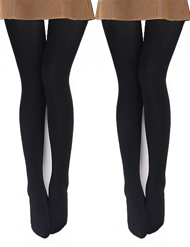 VERO MONTE 2 Pairs Womens Fleece Lined Opaque Tights Plus Size Pantyhose (BLACK)