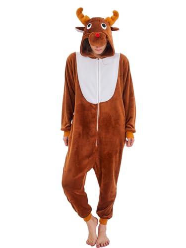 NEWCOSPLAY Unisex Adult Coffee Reindeer Onesie Plush One Piece Pajamas Christmas Costume(Medium, Coffee Reindeer)
