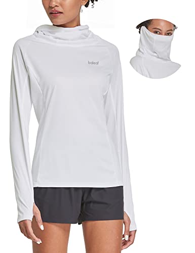 BALEAF Women's Long Sleeve Rash Guard with Face Cover UPF 50+ Swim Shirts Sun Hoddie Lightweight Quick Dry SPF Hiking Fishing Running Tops White Size L