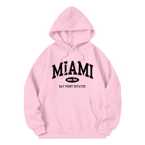 Miami Hoodies for Women Long Sleeve Hooded Sweatshirt Back Letter Printed Womens Long Sleeve Pullover (Pink, L)