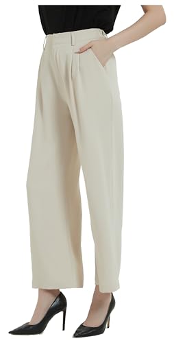 Tronjori Women High Waist Casual Straight Leg Long Dress Pants Wide Leg Trousers Regular Waistband(12,Beige)