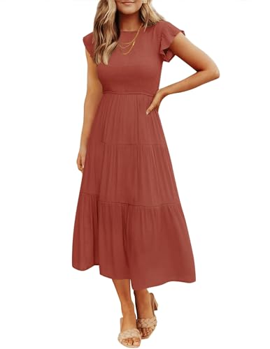 ZESICA Women's 2024 Summer Casual Flutter Short Sleeve Crew Neck Smocked Elastic Waist Tiered Midi Dress,Rust,Small