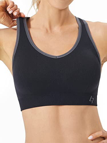 Fittin Womens Padded Sports Bras Wire Free with Removable Pads Black ,L
