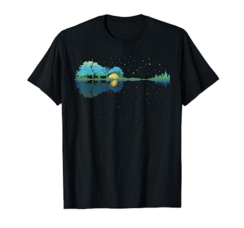 Guitar Lake Reflections Night Sky and Moon Guitar T-Shirt