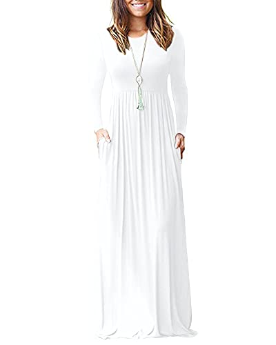 AUSELILY Women Long Sleeve Loose Plain Plus Size Maxi Dresses Casual Long Dresses with Pockets M,White