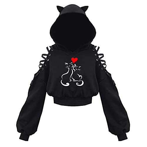 Gothic Hoodie for Women Women's Hoodie Cat Ear Crop Top Hooded Sweatshirt Hollow Out Lace Up Sleeves Hoody Blouse Black