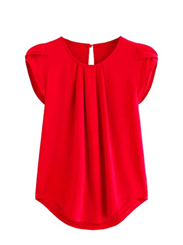 Milumia Womens Casual Round Neck Basic Pleated Top Shirt Curved Keyhole Back Blouse (A Red, X-Large, Cap Sleeve)