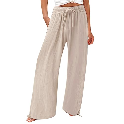 Womens Summer Pants Lightweight Casual,Deals of The Day My Orders,Wide Leg Pants for Women Elastic High Waist Lounge Long Pant with Pocket Cotton Loose Travel Pants Solid Color PantBeige3X-Large