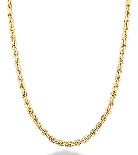 Miabella Solid 18K Gold Over Sterling Silver Italian 2mm, 3mm Diamond-Cut Braided Rope Chain Necklace for Men Women, 925 Sterling Silver Made in Italy (2mm, Length 18 Inches(women's average length))