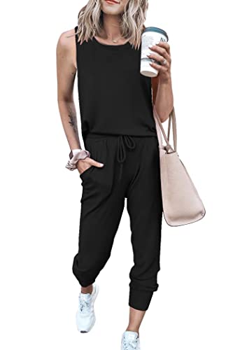 PRETTYGARDEN Women's Two Piece Outfit Sleeveless Crewneck Tops with Sweatpants Active Tracksuit Lounge Wear (Black,Small)