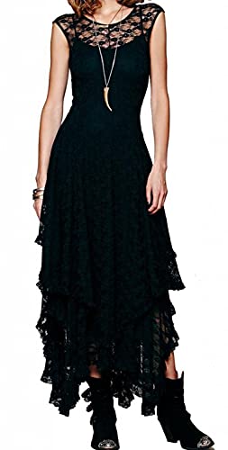 R.Vivimos Womens Sleeveless Backless Asymmetrical Layered Lace Long Dress with Slip Two Pieces (Medium, Black)
