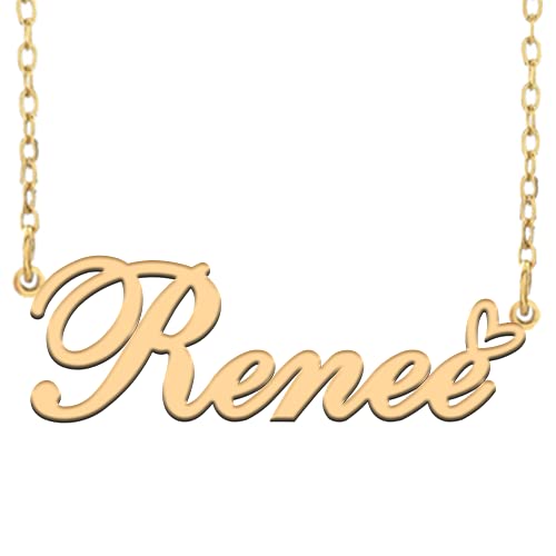 RONKAHSHOW Renee Custom Name Necklace Customized Personalized 18K Gold Pendant Name Necklace with Heart Name Necklace for Women Best Gift for Girl Birthday Mother’Day Christmas Wedding Gold