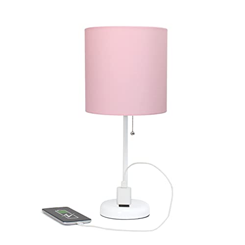 LimeLights LT2024-POW White Stick Table Desk Lamp with Charging Outlet and Drum Fabric Shade, Light Pink
