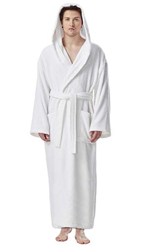Arus Mens Hooded Classic Turkish Cotton Bath Robe with Full Length Options White, Large-X-Large
