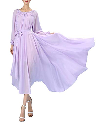 BUENOS NINOS Women's Long Sleeve Crew Neck Loose Chiffon Long Maxi Dress with Belt Lavender M