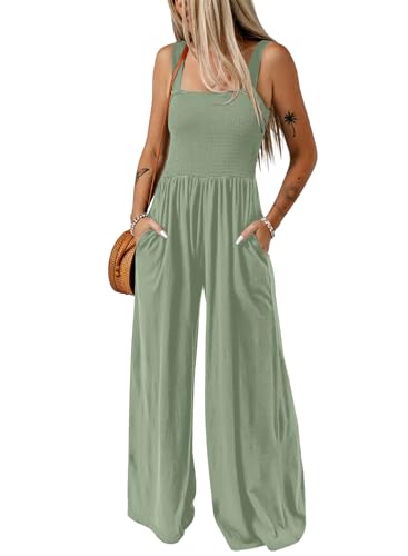 Dokotoo Womens Casual Loose Overalls One Piece Sleeveless Jumpsuits for Women Stretchy Wide Leg Long Pant Rompers Jumpsuit with Pockets Small Laurel Green