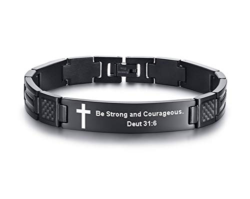 MEALGUET Be Strong and Courageous Engraved Stainless Steel Christian Bible Verse Cross Carbon Fiber Link Bracelet for Men Boy