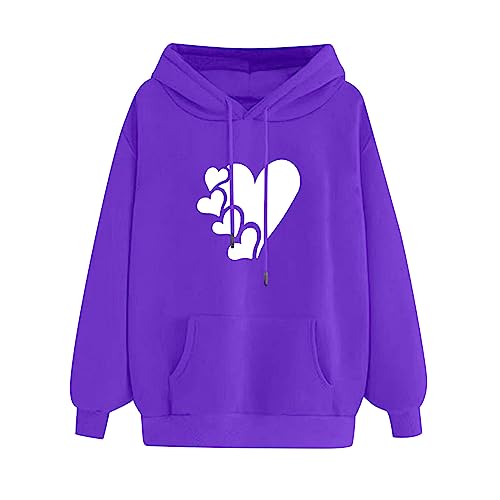 KSODFNXH Oversized Hoodies Casual Trendy Heart Printed Long Sleeves Tops with Pockets Plain Color Drawstring Sweatshirts
