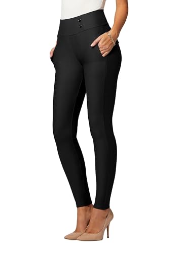 Conceited Premium Women's Stretch Dress Pants - Wear to Work - Ponte Treggings - Slim Leg with Buttons - Black - DP-SlimButtons-Black-M