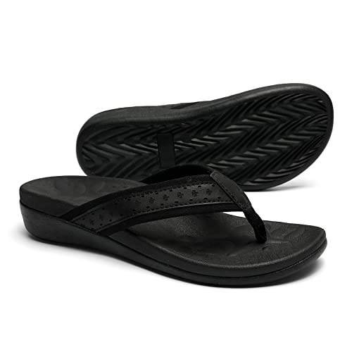 MEGNYA Women's Flip Flops with T-Straps, Orthotic Support, and Memory Foam Cushioning - Great for Massage, Diabetic Relief, and Summer Activities black Size 8.5