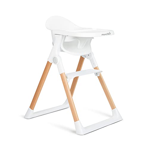 Munchkin Float Foldable Baby and Toddler High Chair - Easy Clean, Compact and Lightweight, Great for Small Spaces, White with Wooden Legs