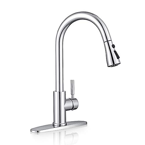 WEWE Sink faucet, pull down kitchen faucet with sprayer low lead commercial modern stainless steel rv farmhouse kitchen faucet single handle 1 or 3 hole kitchen sink faucet, Polished Chrome