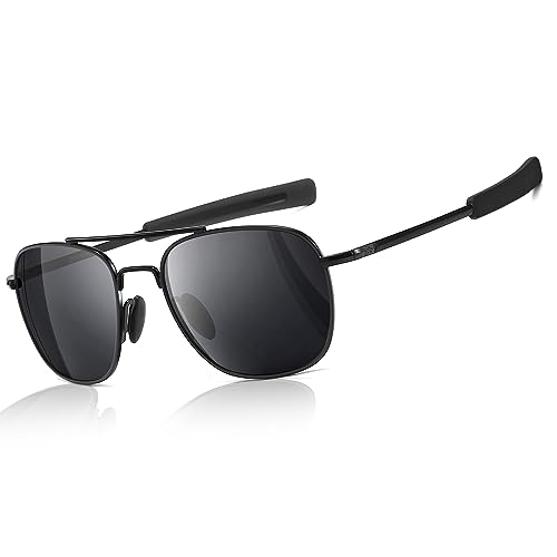 SUNGAIT Men's Military Style Polarized Pilot Aviator Sunglasses - Bayonet Temples (Black Frame/Gray Lens, 55) A285HKHU