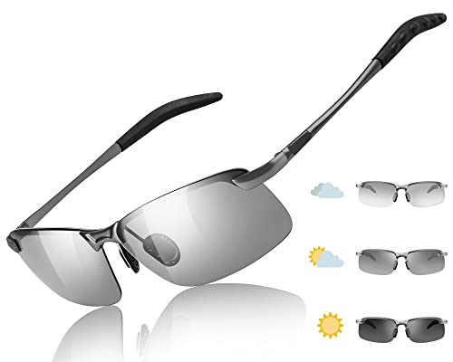 TJUTR Mens Polarized Photochromic Sunglasses Day & Night Driving Glasses Anti Glare | Ideal for Low to Medium Light Condition (Metalgun Rectangular Frame/Photochromic Lens)