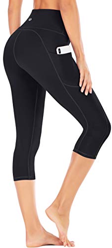 IUGA High Waisted Yoga Pants for Women with Pockets Capri Leggings for Women Workout Leggings for Women Yoga Capris Black L