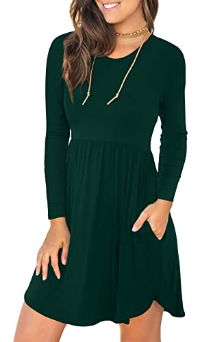 LONGYUAN Women's Long Sleeve Christmas Dresses Casual Homecoming Fit Mini Sundresses with Pockets Large, Dark Green