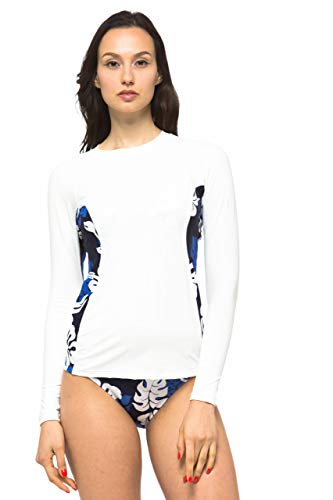Private Island Women UPF50+ Swimsuit Long Sleeve Top Shirt Rash Guard Workout (M, White wBW-RGT)