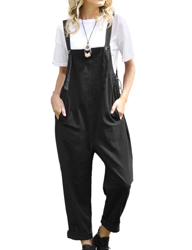 YESNO Women Casual Loose Bib Pants Overalls Baggy Cotton Harem Jumpsuits Rompers with Pockets PV2 (L PV2 Black)